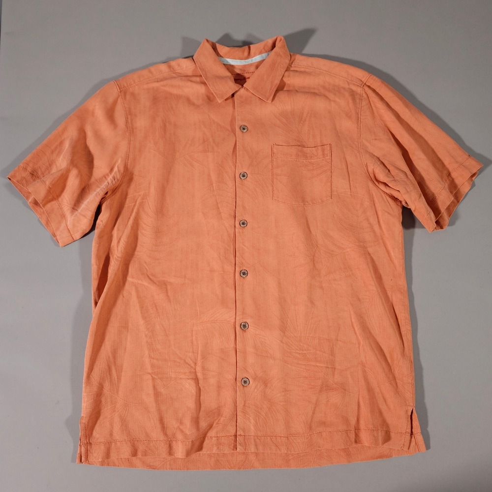 Tommy Bahama Button Down Shirt Mens Medium Orange Silk Tropical Leaf Camp